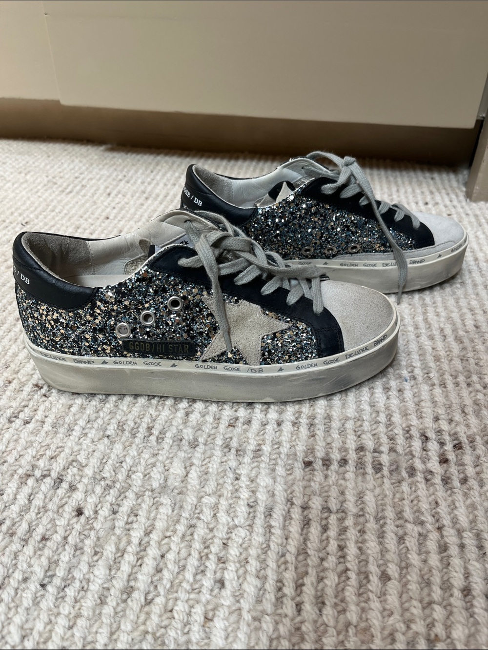 Size 37 Golden Goose Hi Star Glitter Low-Top Sneakers in Black, Navy and Silver